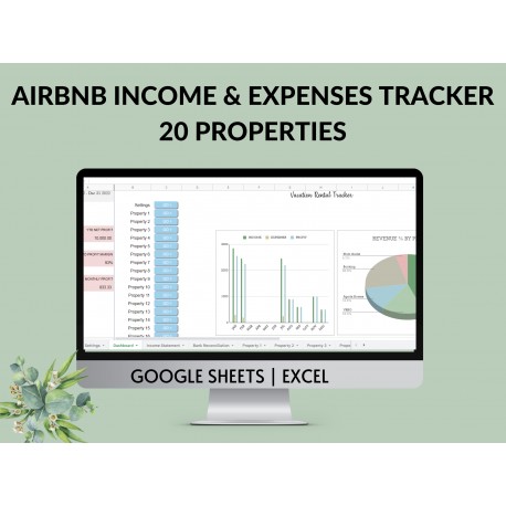 Airbnb VRBO Income Expense Tracking 20 PROPERTIES Vacation Rental Template Bank Reconciliation Google Sheets Excel