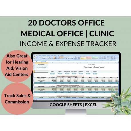 20 Doctors Office Medical Devices Clinic Income Expense Tracker Spreadsheet Template Sales Fees Commission Google Sheets Excel