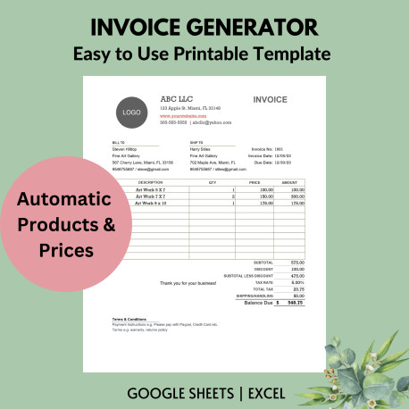 Easy Invoice Generator Automatically generates Printable Invoices with Products, Prices, Amounts Spreadsheet template