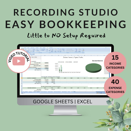 Sound Recording Studio Easy Bookkeeping Business Spreadsheet Income Expense Profit Loss Excel Google Sheets