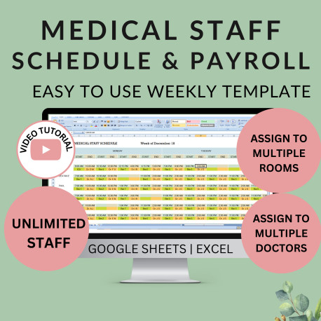 Medical Office Weekly Staff Schedule Template | Printable Planner Shifts, Locations, Doctors | Hours Worked Wages