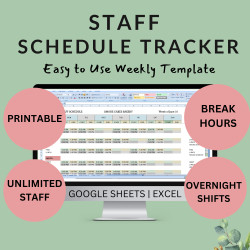 Staff Shift Schedule Weekly Template | Printable Employee Work Staffing planner, Hours Worked, Breaks, Overnight Shift