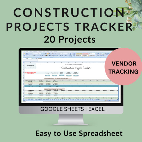 Construction Project Tracker Income Expense Sales Billings Bank Draws, Vendor Balance Due, Billed Paid, 20 Projects Spreadsheet