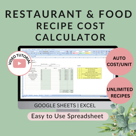 Recipe Cost Calculator for Restaurant & Food Main  & Sub Recipes Costing, Profit Margin Excel Google Sheets