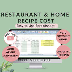 Recipe Cost Calculator for Restaurant & Food Main  & Sub Recipes Costing, Profit Margin Excel Google Sheets