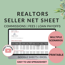 Seller Net Sheet for Realtors Real Estate Closing Calculator Seller Net Proceeds Worksheet Real Estate Agent Spreadsheet