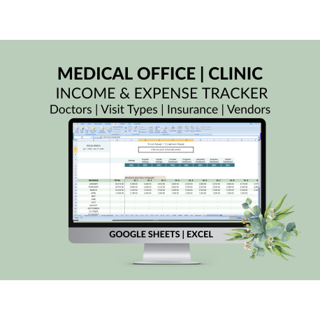 Clinic Medical Office Spreadsheet Tracker: Income Expenses Doctors Visit Types Insurance Vendors Locations