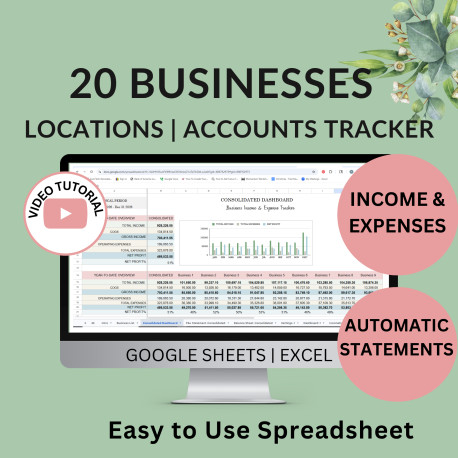 Multi-Business Accounting Spreadsheet: Income & Expense Tracker (Excel, Google Sheets) | 20 Businesses, Locations, Accounts
