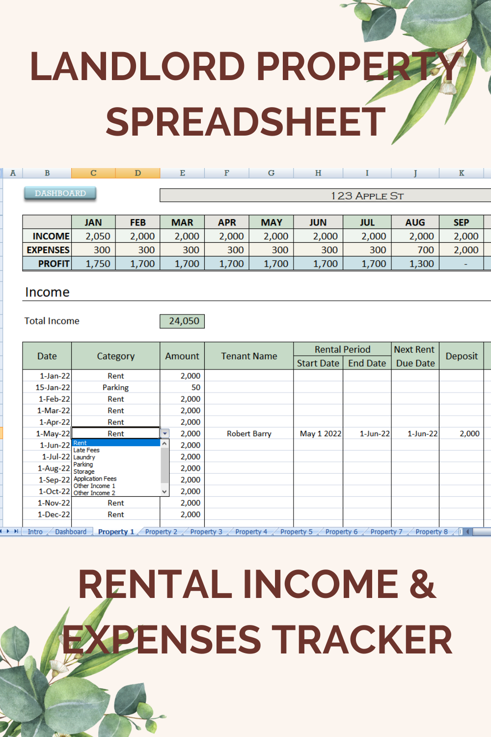 Landlord's Property Spreadsheet Rental Income & Expenses Tracker